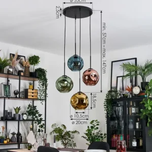 hofstein Ripoll Suspension, Boule lumineuse, Suspension grappe Bleu, Or, Vert, Cuivré, 4 lumières* Lampes En Verre