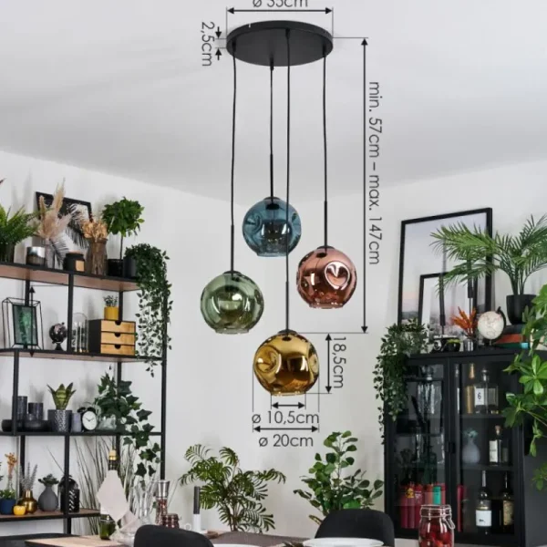 hofstein Ripoll Suspension, Boule lumineuse, Suspension grappe Bleu, Or, Vert, Cuivré, 4 lumières* Lampes En Verre