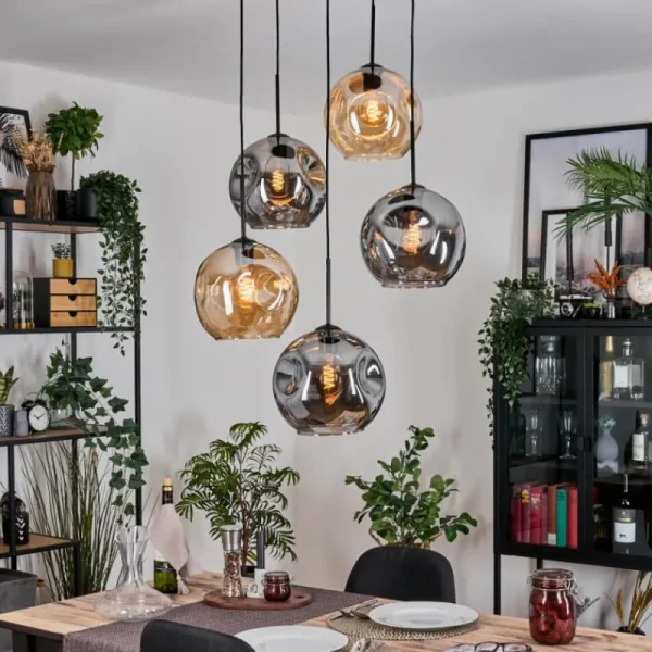 hofstein Ripoll Suspension, Boule lumineuse, Suspension grappe Ambre, Fumé, 5 lumières* Lampes Modernes