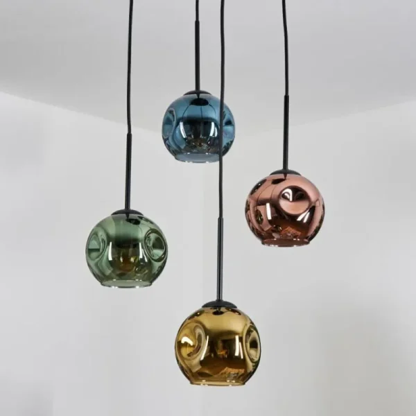 hofstein Ripoll Suspension, Boule lumineuse, Suspension grappe Bleu, Or, Vert, Cuivré, 4 lumières* Lampes En Verre