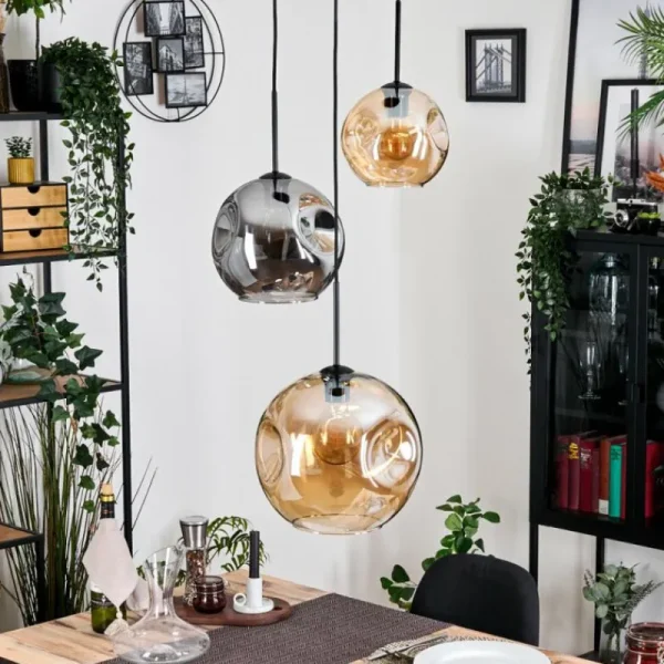 hofstein Ripoll Suspension, Boule lumineuse, Suspension grappe Ambre, Fumé, 3 lumières* Lampes Modernes