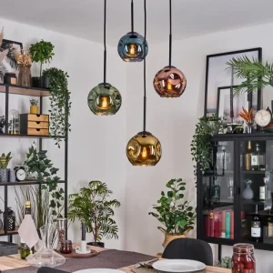 hofstein Ripoll Suspension, Boule lumineuse, Suspension grappe Bleu, Or, Vert, Cuivré, 4 lumières* Lampes En Verre