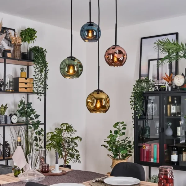 hofstein Ripoll Suspension, Boule lumineuse, Suspension grappe Bleu, Or, Vert, Cuivré, 4 lumières* Lampes En Verre