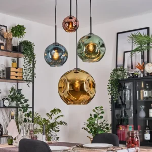 hofstein Ripoll Suspension, Boule lumineuse, Suspension grappe Bleu, Or, Vert, Cuivré, 4 lumières* Lampes En Verre