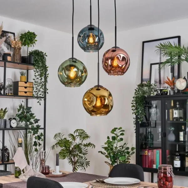 hofstein Ripoll Suspension, Boule lumineuse, Suspension grappe Bleu, Or, Vert, Cuivré, 4 lumières* Lampes En Verre