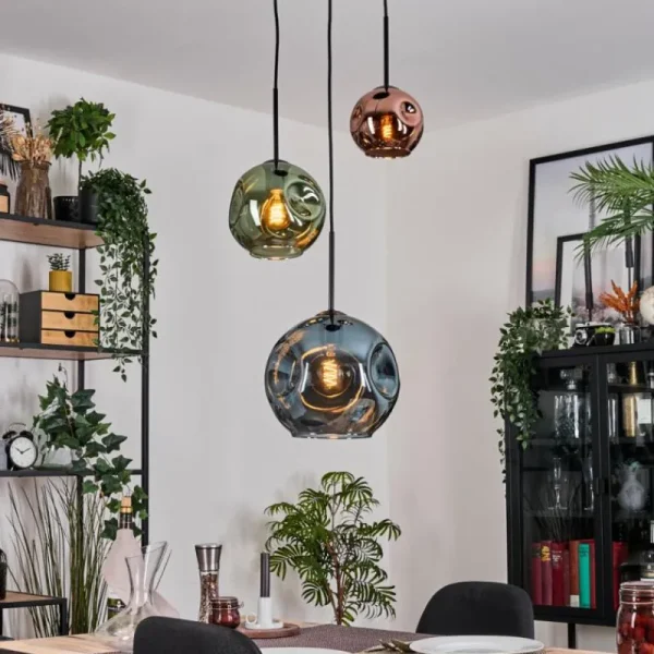 hofstein Ripoll Suspension, Boule lumineuse, Suspension grappe Bleu, Vert, Cuivré, 3 lumières* Lampes En Verre