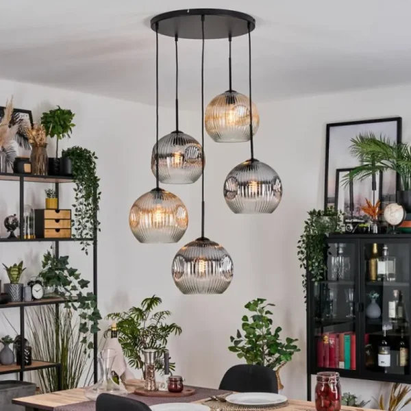 hofstein Ripoll Suspension, Boule lumineuse, Suspension grappe Ambre, Clair, Fumé, 5 lumières* Lampes Modernes