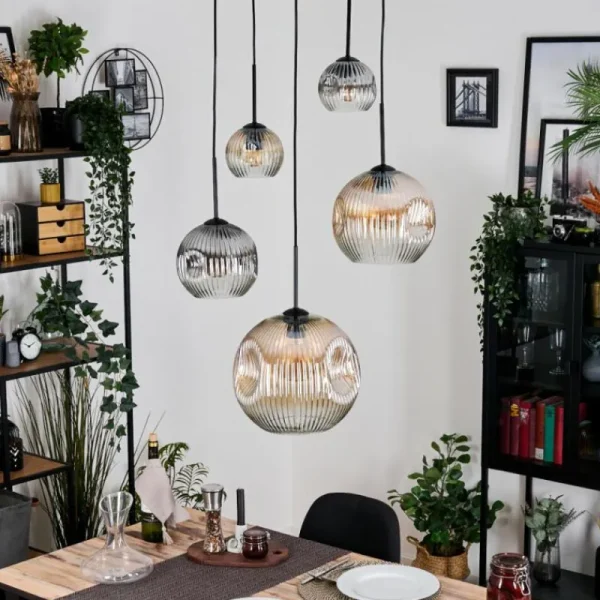 hofstein Ripoll Suspension, Boule lumineuse, Suspension grappe Ambre, Clair, Fumé, 5 lumières* Lampes Modernes