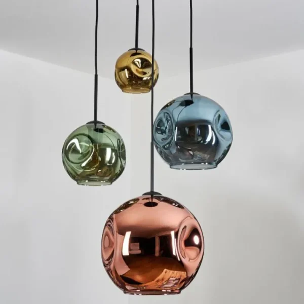 hofstein Ripoll Suspension, Boule lumineuse, Suspension grappe Bleu, Or, Vert, Cuivré, 4 lumières* Lampes En Verre