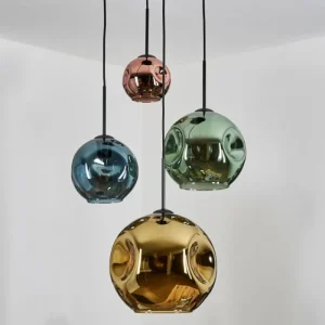 hofstein Ripoll Suspension, Boule lumineuse, Suspension grappe Bleu, Or, Vert, Cuivré, 4 lumières* Lampes En Verre
