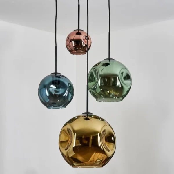 hofstein Ripoll Suspension, Boule lumineuse, Suspension grappe Bleu, Or, Vert, Cuivré, 4 lumières* Lampes En Verre