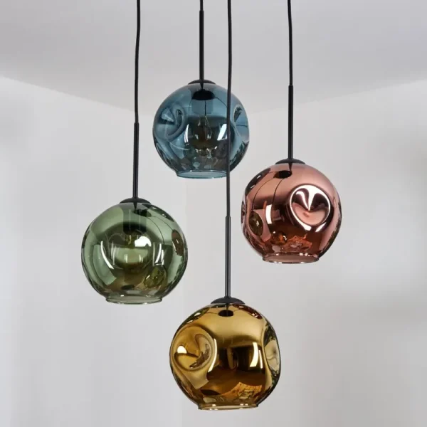 hofstein Ripoll Suspension, Boule lumineuse, Suspension grappe Bleu, Or, Vert, Cuivré, 4 lumières* Lampes En Verre