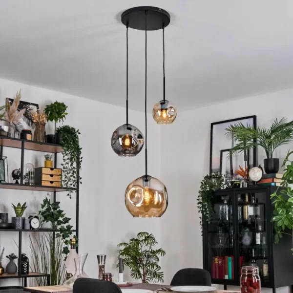 hofstein Ripoll Suspension, Boule lumineuse, Suspension Ambre, Fumé, 3 lumières* Lampes Modernes