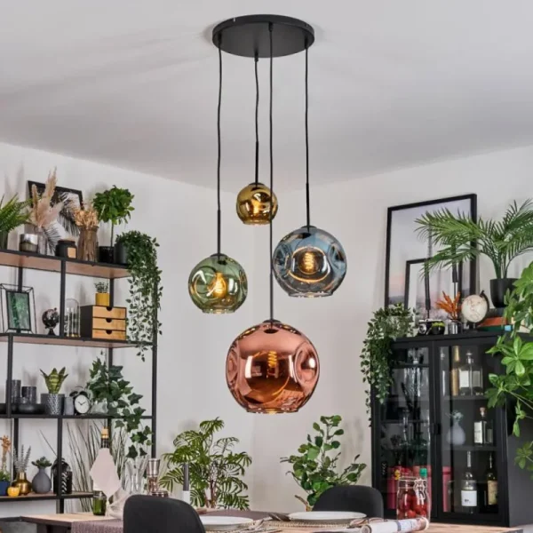 hofstein Ripoll Suspension, Boule lumineuse, Suspension grappe Bleu, Or, Vert, Cuivré, 4 lumières* Lampes En Verre