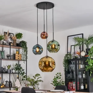 hofstein Ripoll Suspension, Boule lumineuse, Suspension grappe Bleu, Or, Vert, Cuivré, 4 lumières* Lampes En Verre