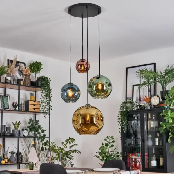 hofstein Ripoll Suspension, Boule lumineuse, Suspension grappe Bleu, Or, Vert, Cuivré, 4 lumières* Lampes En Verre