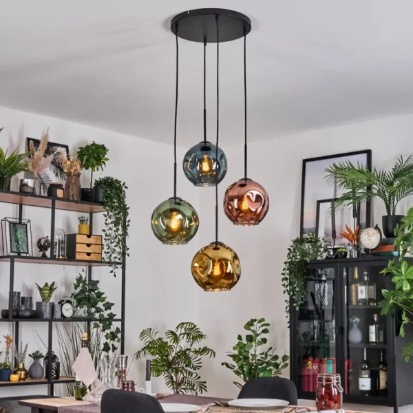 hofstein Ripoll Suspension, Boule lumineuse, Suspension grappe Bleu, Or, Vert, Cuivré, 4 lumières* Lampes En Verre