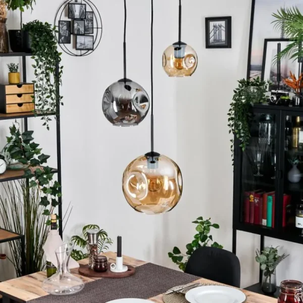 hofstein Ripoll Suspension, Boule lumineuse, Suspension Ambre, Fumé, 3 lumières* Lampes Modernes