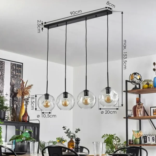hofstein Ripoll Suspension Noir, 4 lumières* Lampes En Verre