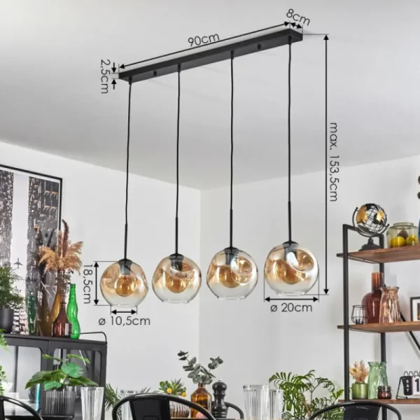hofstein Ripoll Suspension Noir, 4 lumières* Lampes En Verre