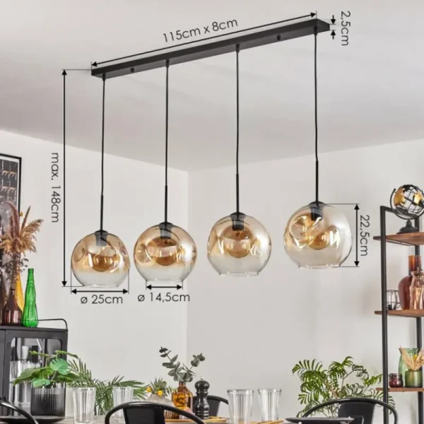 hofstein Ripoll Suspension Noir, 4 lumières* Lampes En Verre