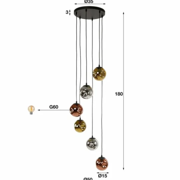 hofstein Stellar Suspension Anthracite, 6 lumières* Lampes En Verre