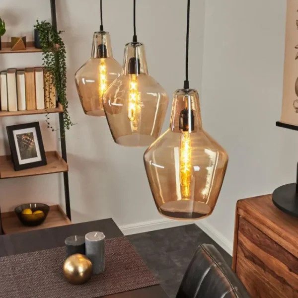 hofstein Suspension Donzhausen Argent Oxydé, 3 lumières* Lampes En Verre