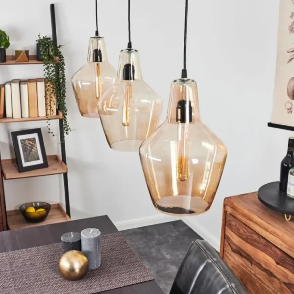 hofstein Suspension Donzhausen Argent Oxydé, 3 lumières* Lampes En Verre