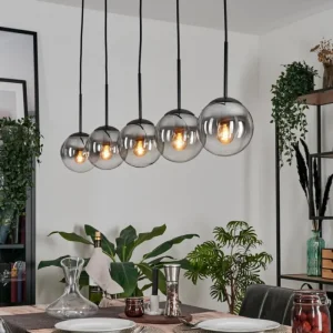 hofstein Suspension - Verre 15 cm Gastor Clair, Fumé, 5 lumières* Lampes Modernes