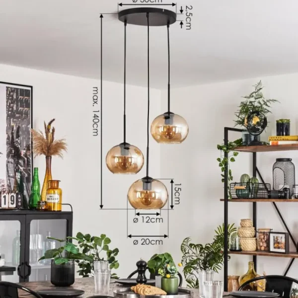 hofstein Suspension - Verre Apedo Ambre, 3 lumières* Lampes En Verre