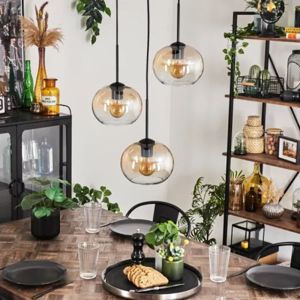 hofstein Suspension - Verre Apedo Ambre, Clair, 3 lumières* Lampes En Verre