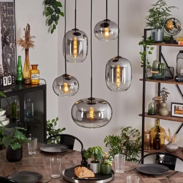 hofstein Suspension - Verre Apedo Clair, Fumé, 5 lumières* Lampes Modernes