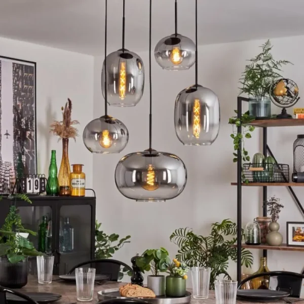 hofstein Suspension - Verre Apedo Clair, Fumé, 5 lumières* Lampes Modernes