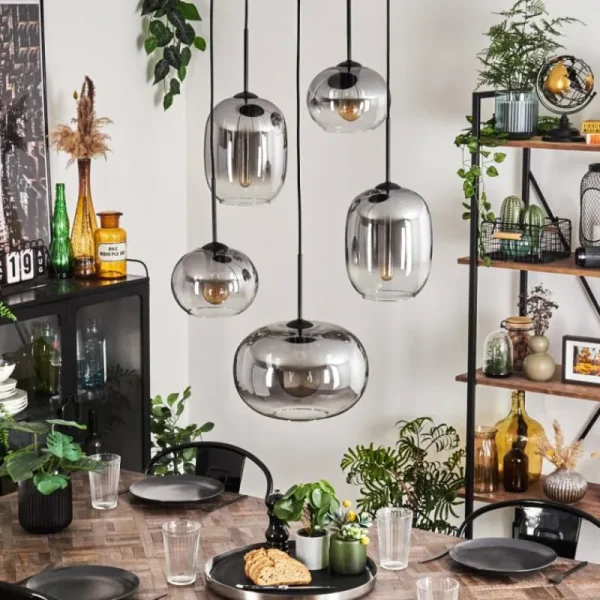 hofstein Suspension - Verre Apedo Clair, Fumé, 5 lumières* Lampes Modernes
