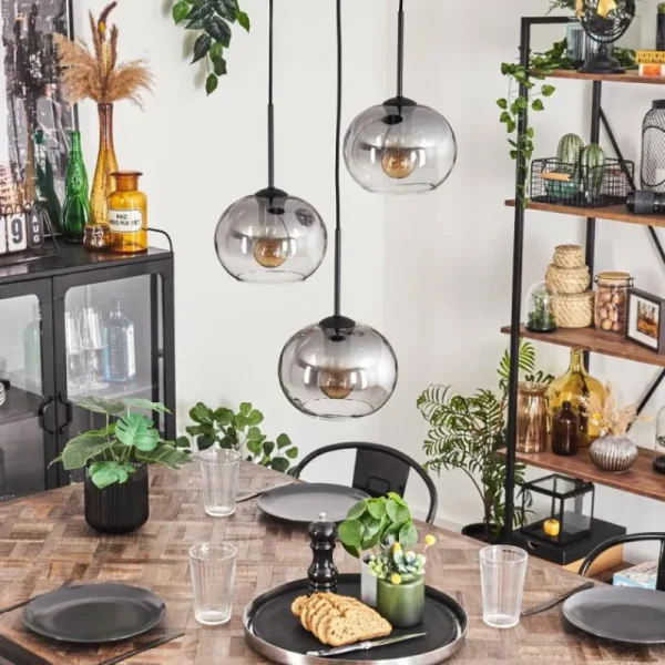 hofstein Suspension - Verre Apedo Clair, Fumé, 3 lumières* Lampes Modernes