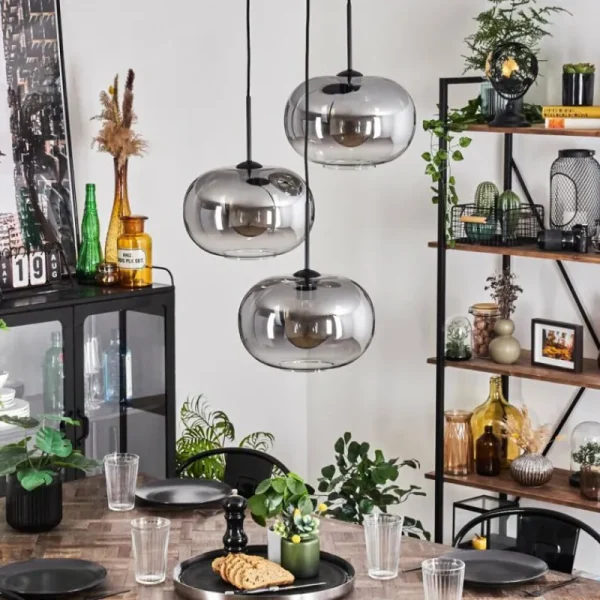 hofstein Suspension - Verre Apedo Clair, Fumé, 3 lumières* Lampes Modernes