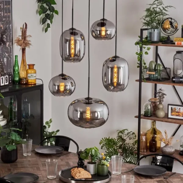 hofstein Suspension - Verre Apedo Fumé, 5 lumières* Lampes Modernes