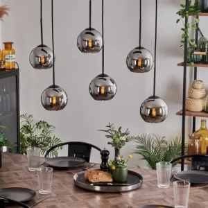 hofstein Suspension - Verre Koyoto Chrome, Fumé, 6 lumières* Lampes Modernes