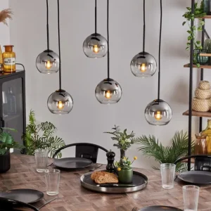 hofstein Suspension - Verre Koyoto Clair, Fumé, 6 lumières* Lampes Modernes