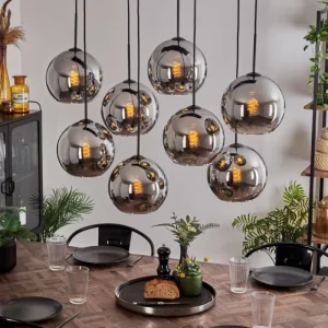 hofstein Suspension - Verre Koyoto Chrome, Fumé, 8 lumières* Lampes Modernes