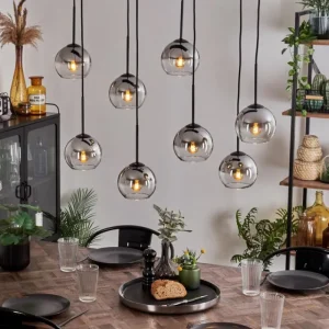 hofstein Suspension - Verre Koyoto Chrome, Clair, Fumé, 8 lumières* Lampes Modernes