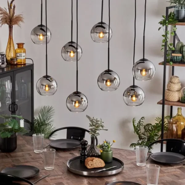 hofstein Suspension - Verre Koyoto Chrome, Clair, Fumé, 8 lumières* Lampes Modernes