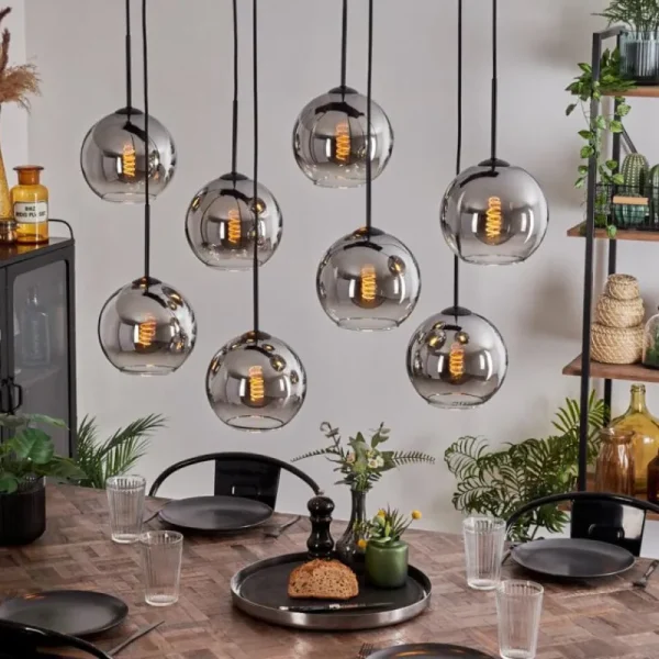 hofstein Suspension - Verre Koyoto Chrome, Clair, Fumé, 8 lumières* Lampes Modernes