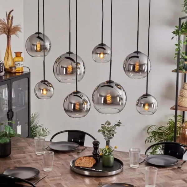 hofstein Suspension - Verre Koyoto Chrome, Clair, Fumé, 8 lumières* Lampes Modernes