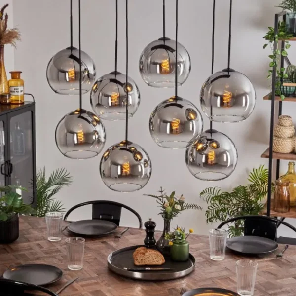 hofstein Suspension - Verre Koyoto Chrome, Clair, Fumé, 8 lumières* Lampes Modernes