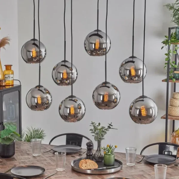 hofstein Suspension - Verre Koyoto Chrome, Fumé, 8 lumières* Lampes Modernes