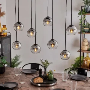 hofstein Suspension - Verre Koyoto Chrome, Clair, Fumé, 8 lumières* Lampes Modernes