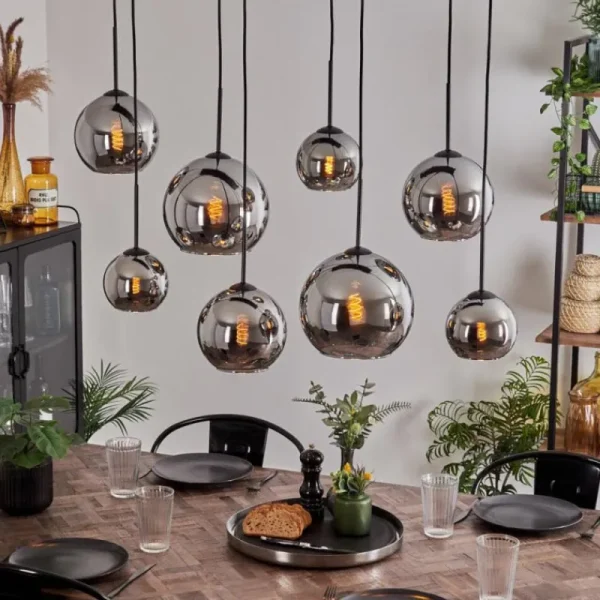 hofstein Suspension - Verre Koyoto Chrome, Fumé, 8 lumières* Lampes Modernes