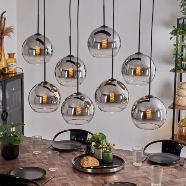 hofstein Suspension - Verre Koyoto Chrome, Clair, Fumé, 8 lumières* Lampes Modernes