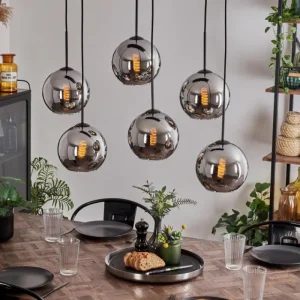 hofstein Suspension - Verre Koyoto Chrome, Fumé, 6 lumières* Lampes Modernes